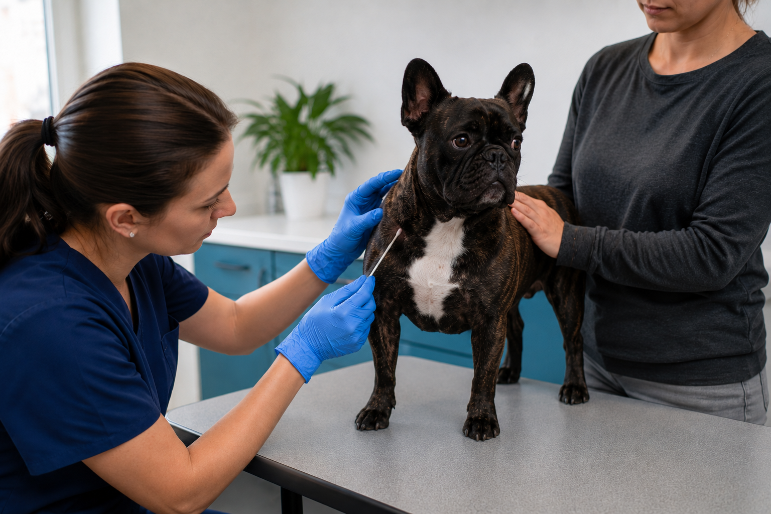 Veterinářka odebírá vzorek z podrážděné kůže psa